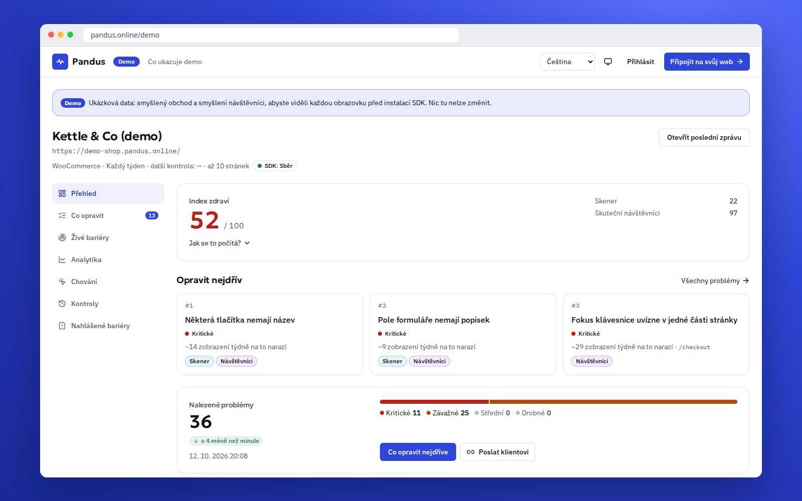 Demo obchod v SDK: index zdraví, co opravit nejdřív a živé bariéry na jedné obrazovce
