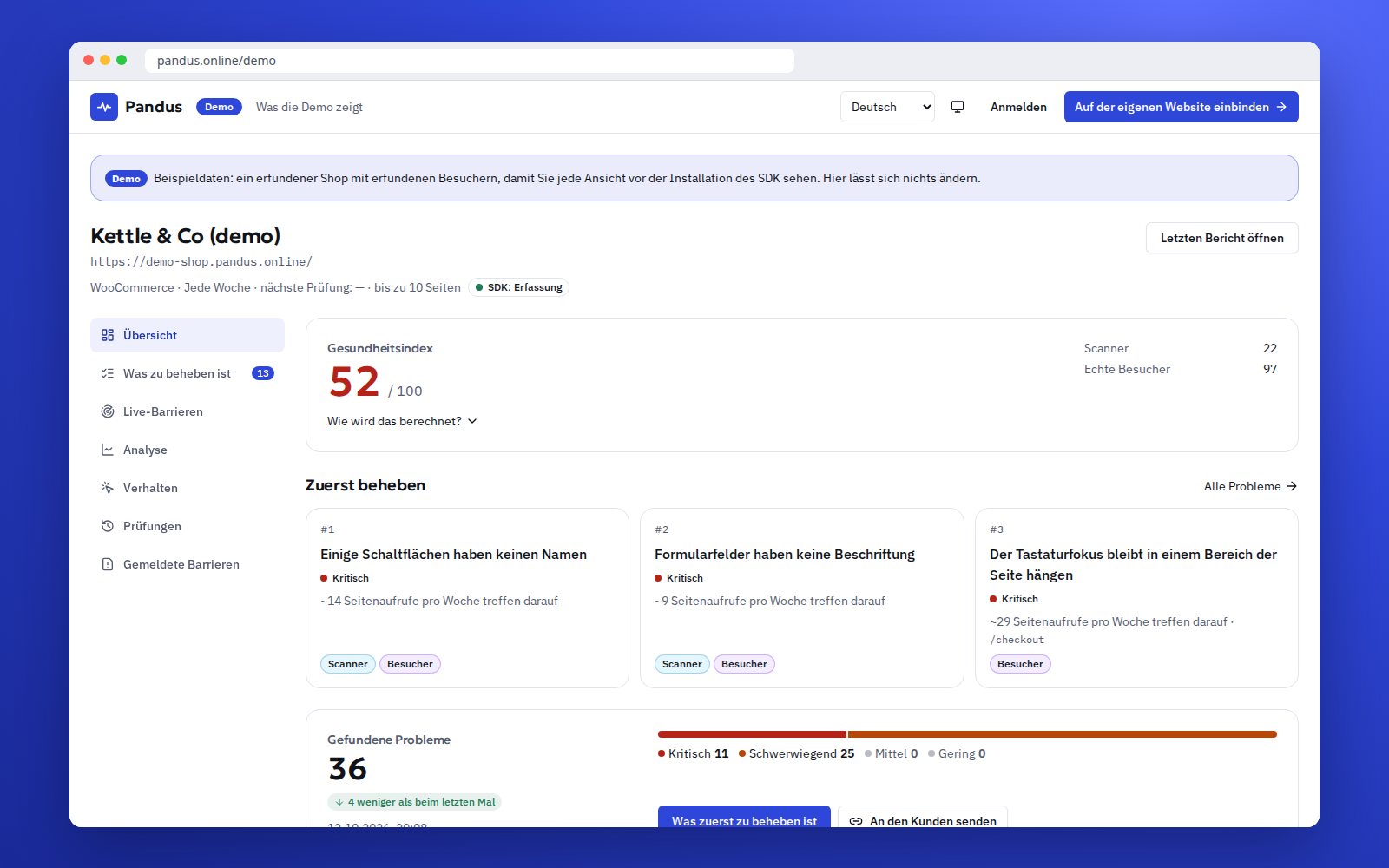 Der Demo-Shop im SDK: Gesundheitsindex, was zuerst zu beheben ist, und Live-Barrieren auf einem Bildschirm