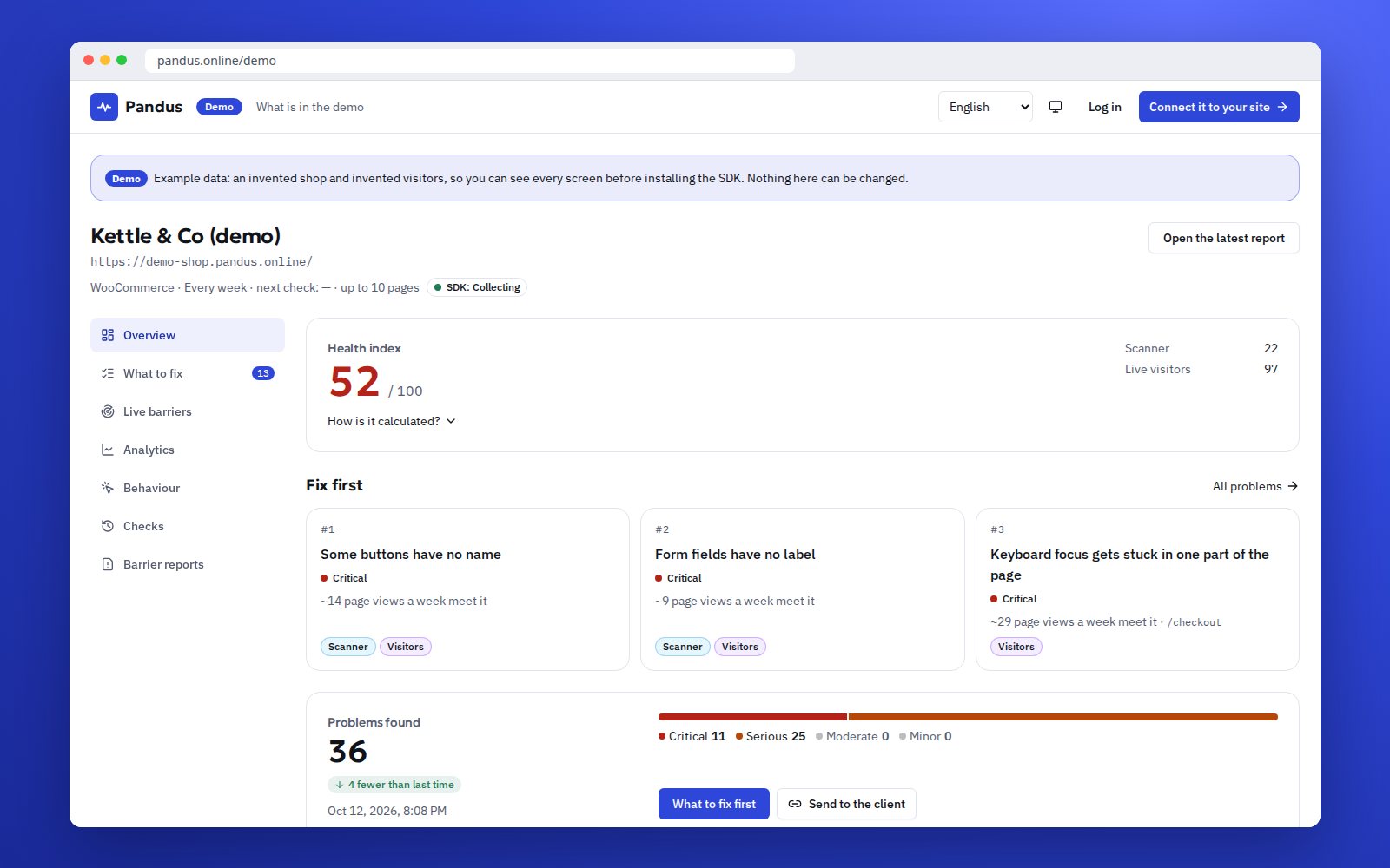 The demo shop in the SDK: health index, what to fix first and live barriers on one screen