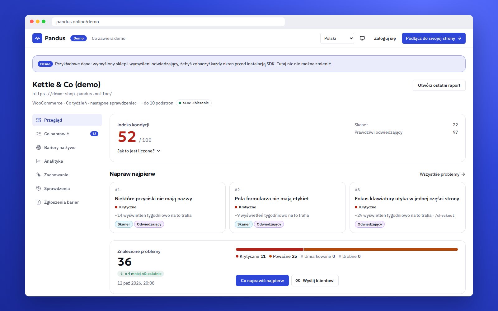Sklep demo w SDK: indeks zdrowia, co naprawić najpierw i bariery na żywo na jednym ekranie